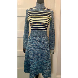 Vintage 70s International Boutique Knit Sweater Dress Blue Stripe Neck XS Small